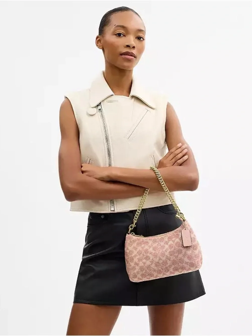 NWT Coach Teri Shoulder Bag Signature Beaded Satin Pink Gold